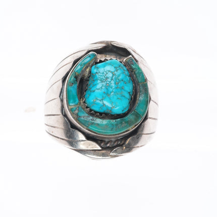 sz10 Vintage BJ Navajo sterling silver waterweb turquoise horseshoe inlay ring