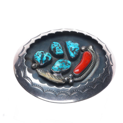 Vintage Navajo sterling cast silver belt buckle stamped center with turquoise