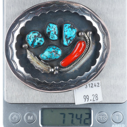 Vintage Navajo sterling cast silver belt buckle stamped center with turquoise