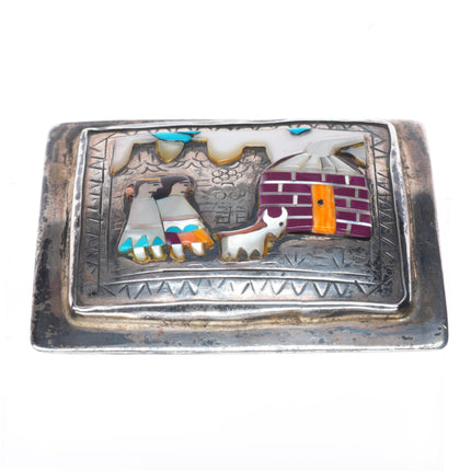 Vintage Navajo sterling inlay storyteller belt buckle shell/turquoise