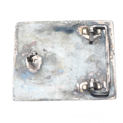 Vintage Navajo sterling inlay storyteller belt buckle shell/turquoise