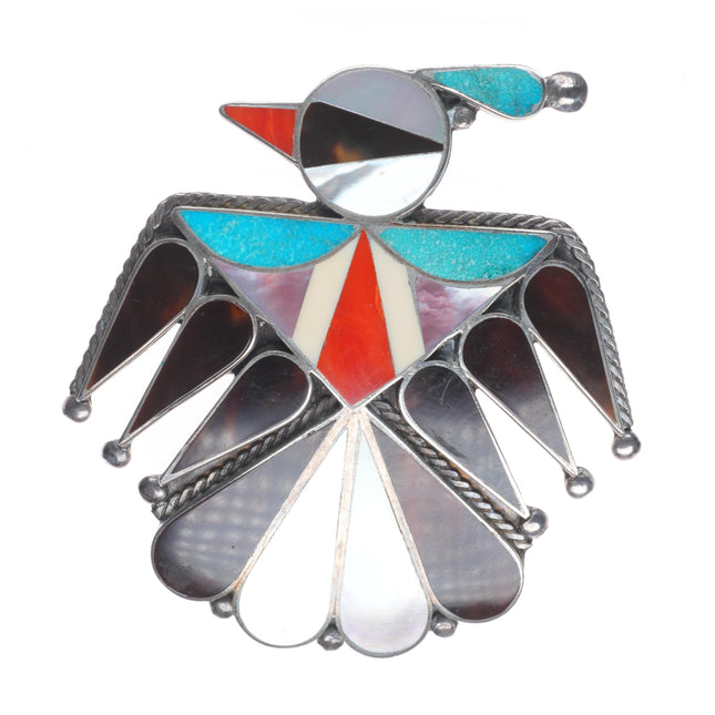 Large Vintage Zuni sterling silver, turquoise, coral thunderbird pin/brooch