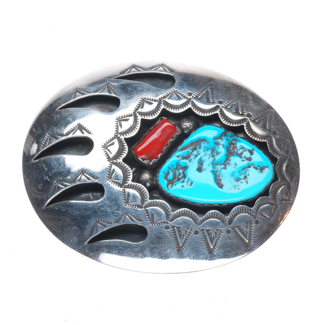 Arnold Goodluck Navajo sterling silver bear paw turquoise/coral belt buckle
