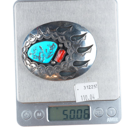 Arnold Goodluck Navajo sterling silver bear paw turquoise/coral belt buckle