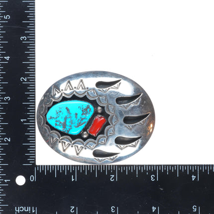 Arnold Goodluck Navajo sterling silver bear paw turquoise/coral belt buckle