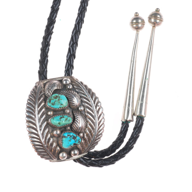 Vintage Navajo sterling silver and turquoise feather edge bolo tie