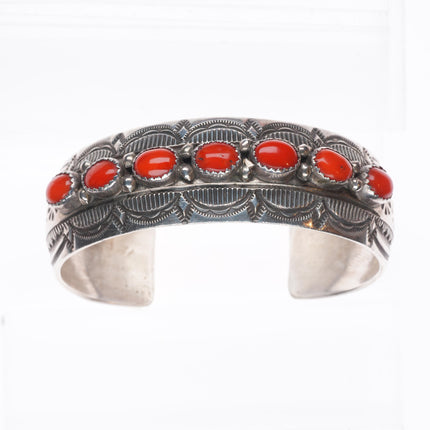 6.5" Wilbert Benally Navajo  sterling silver deep stamped coral row cuff bracelet