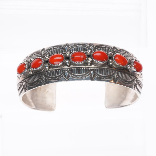 6.5" Wilbert Benally Navajo  sterling silver deep stamped coral row cuff bracelet