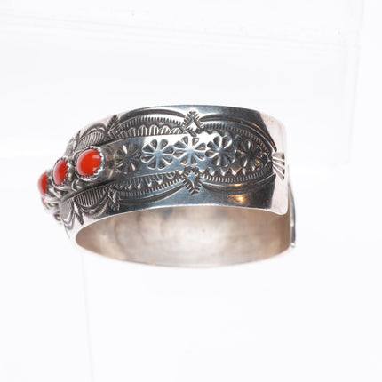 6.5" Wilbert Benally Navajo  sterling silver deep stamped coral row cuff bracelet