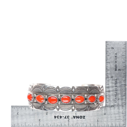 6.5" Wilbert Benally Navajo  sterling silver deep stamped coral row cuff bracelet