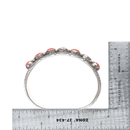 6.5" Wilbert Benally Navajo  sterling silver deep stamped coral row cuff bracelet