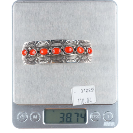 6.5" Wilbert Benally Navajo  sterling silver deep stamped coral row cuff bracelet