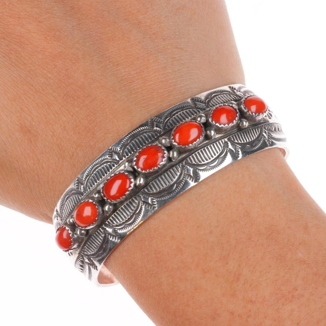 6.5" Wilbert Benally Navajo  sterling silver deep stamped coral row cuff bracelet