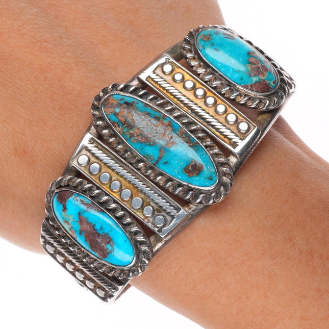6.75" c1940 Navajo sterling silver 3 stone high grade turquoise cuff bracelet