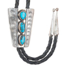 c1970 Vintage Navajo sterling silver hand stamped 3 stone turquoise bolo tie