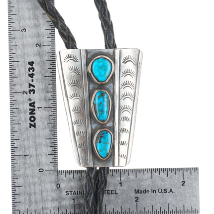 c1970 Vintage Navajo sterling silver hand stamped 3 stone turquoise bolo tie