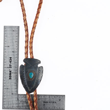 c1950 Vintage Navajo sterling silver Blue Gem turquoise arrowhead bolo tie