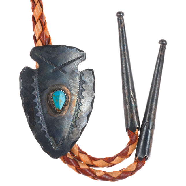 c1950 Vintage Navajo sterling silver Blue Gem turquoise arrowhead bolo tie