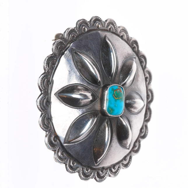 c1940's vintage Navajo Blue Gem turquoise sterling silver repousse pin/brooch