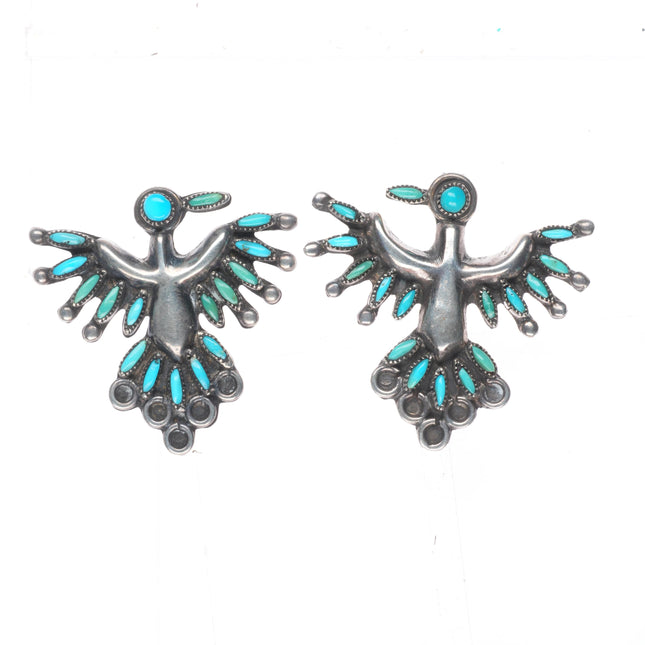 1950's Vintage Zuni thunderbird sterling silver needlepoint turquoise earrings