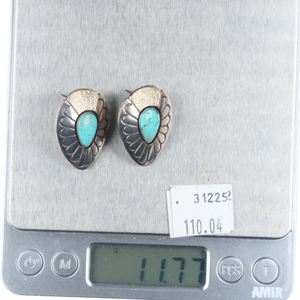 Mike Begay Vintage Navajo sterling silver and turquoise deep stamped earrings