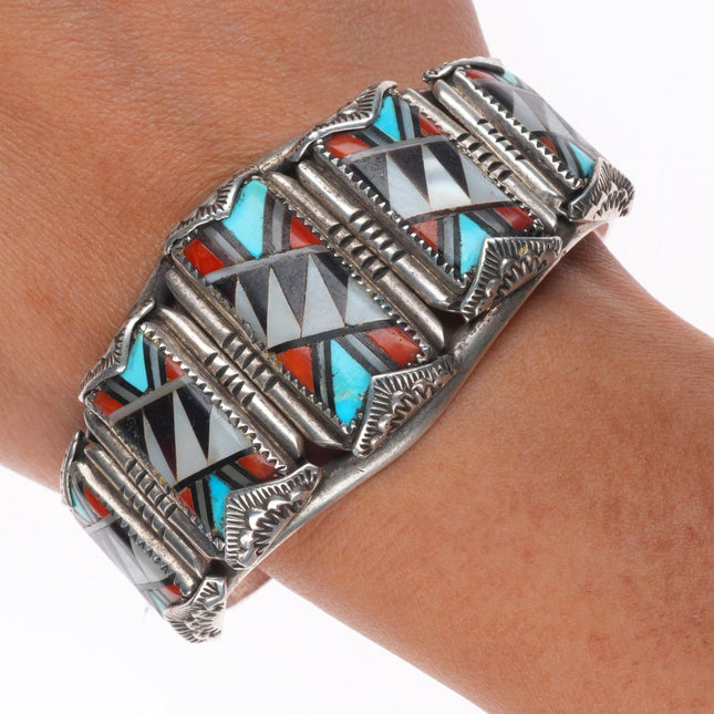 6.75" Nicholas-Theresa Leekela Zuni intarsia inlay sterling silver cuff bracelet