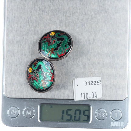 Vintage Japanese sterling silver cloisonne enamel green dragon earrings