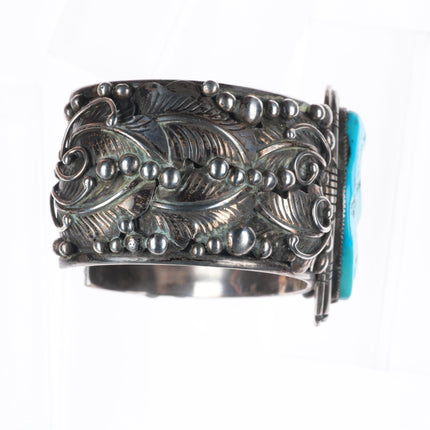 7.25" Vintage Sylvia Chee Navajo sterling silver Kingman turquoise cuff bracelet