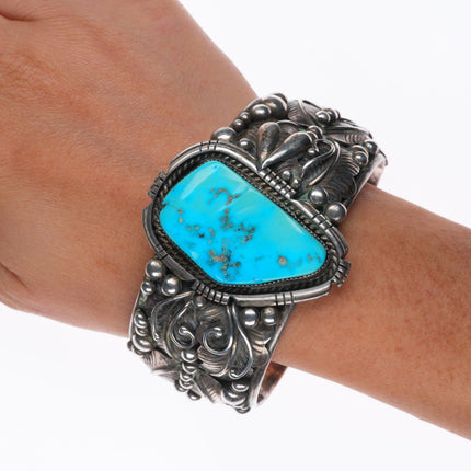 7.25" Vintage Sylvia Chee Navajo sterling silver Kingman turquoise cuff bracelet
