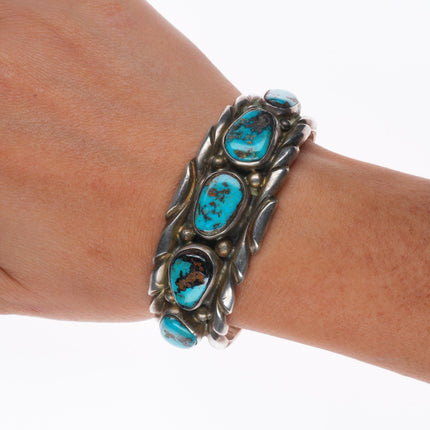 6.25" Vintage Navajo Pilot Mountain turquoise sterling silver row cuff bracelet
