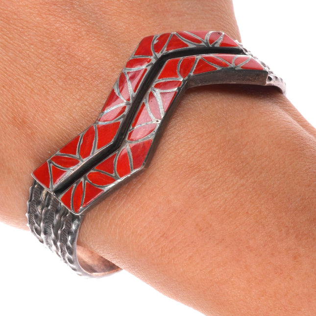 6.25" Sibert-Juanita Kallestewa vintage Zuni sterling silver coral cuff bracelet