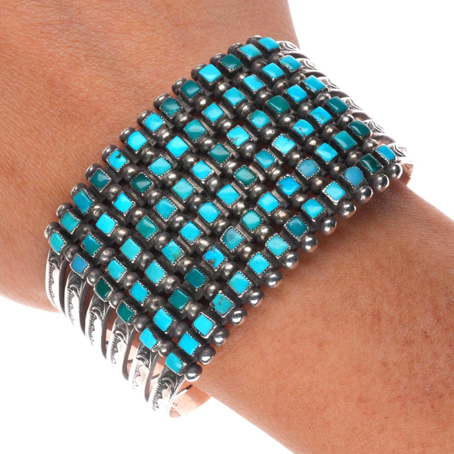 6.5" c1940 Zuni square cut 6 stack turquoise row cuff bracelet sterling silver