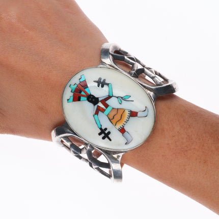 6.5" Lambert Homer Sr Zuni Intarsia inlay sandcast sterling silver cuff bracelet