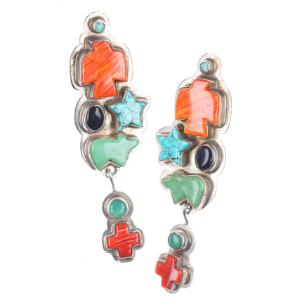 Oscar Betz southwestern sterling silver turquoise, spiny oyster dangle earrings