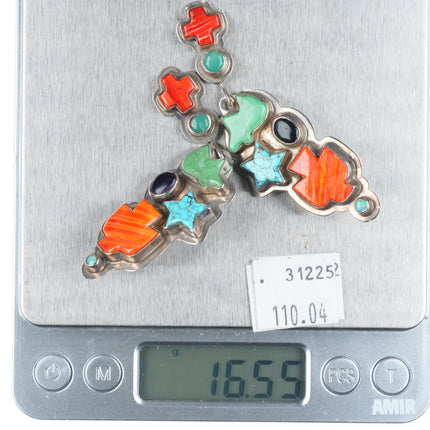 Oscar Betz southwestern sterling silver turquoise, spiny oyster dangle earrings