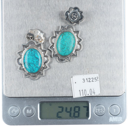 Vintage Navajo stamped sterling silver spiderweb turquoise earrings