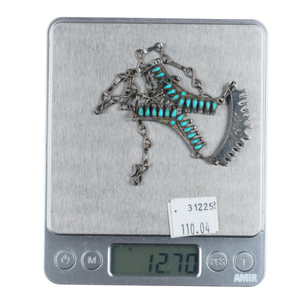 Vintage Zuni needlepoint turquoise sterling silver bib necklace 17"