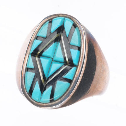 sz10 Vintage Zuni sterling silver turquoise/jet intarsia inlay men's ring
