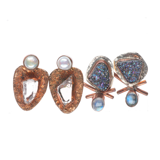 2pr retro Sterling silver, copper, pearl, crystal, labradorite earrings