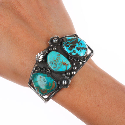 6.5" Vintage Navajo sterling silver 3 stone multi-mine turquoise cuff bracelet
