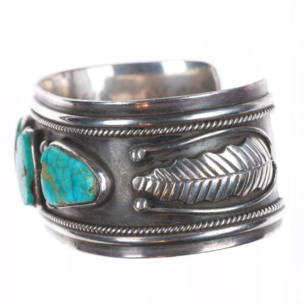 6.5" Vintage E Benally Navajo sterling silver 3 stone turquoise cuff bracelet