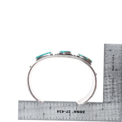 6.5" Vintage E Benally Navajo sterling silver 3 stone turquoise cuff bracelet