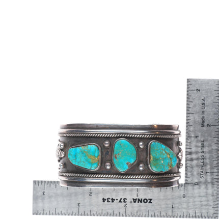 6.5" Vintage E Benally Navajo sterling silver 3 stone turquoise cuff bracelet
