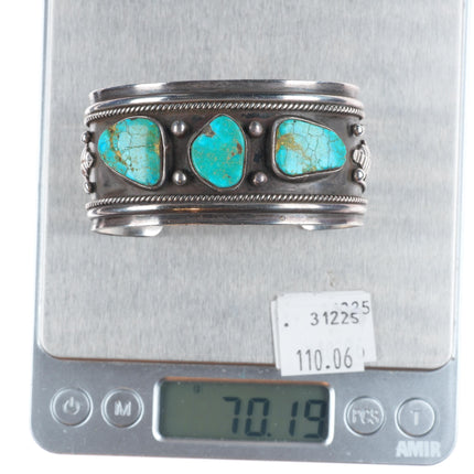 6.5" Vintage E Benally Navajo sterling silver 3 stone turquoise cuff bracelet