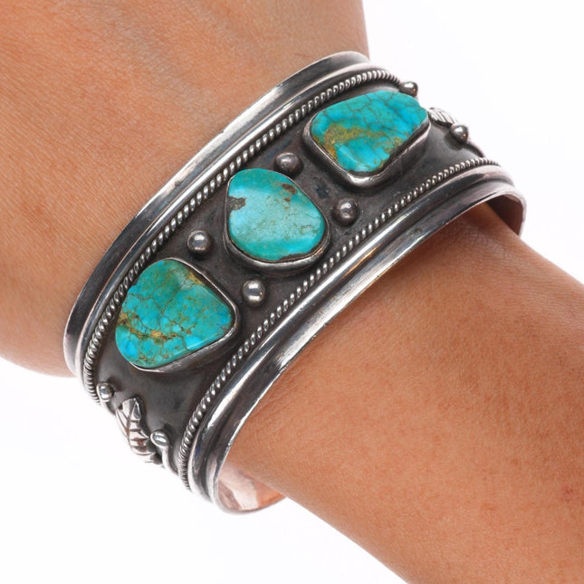 6.5" Vintage E Benally Navajo sterling silver 3 stone turquoise cuff bracelet