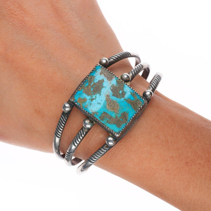 6.75" c1930's Navajo gem turquoise sterling silver triple shank cuff bracelet