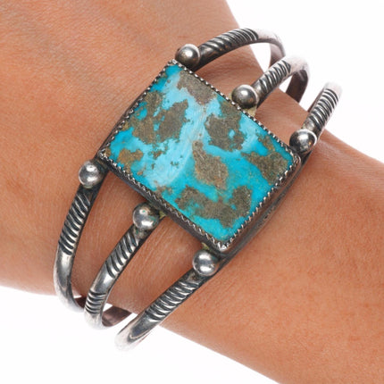 6.75" c1930's Navajo gem turquoise sterling silver triple shank cuff bracelet