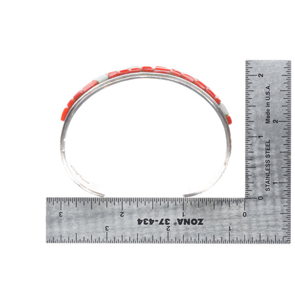 7" Norton Becenti Navajo sterling silver red coral/opal corn row cuff bracelet