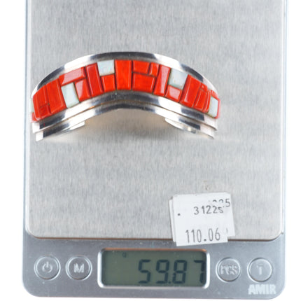 7" Norton Becenti Navajo sterling silver red coral/opal corn row cuff bracelet