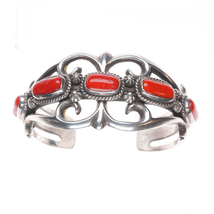 6.4" Eddie Chee Navajo sandcast sterling silver red coral cuff bracelet